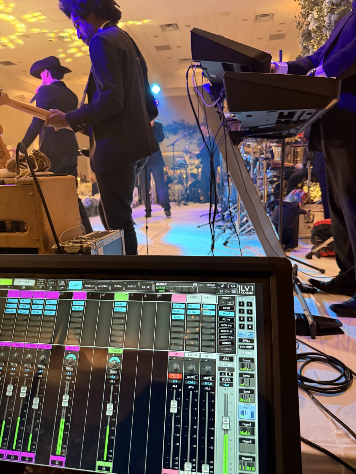 Digital audio mixing console during a production