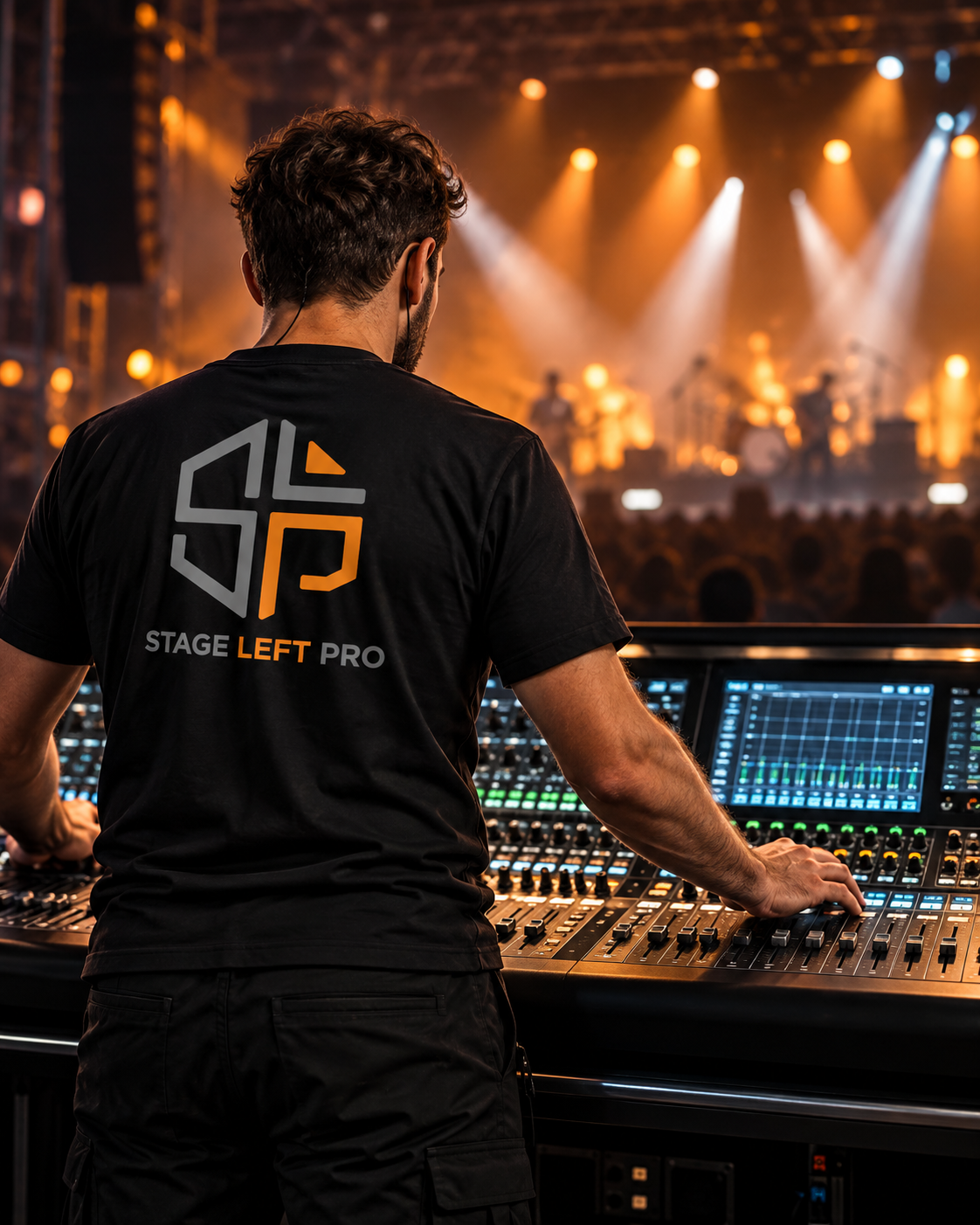 AI-generated audio engineer wearing a black Stage Left Pro shirt and operating a sound console