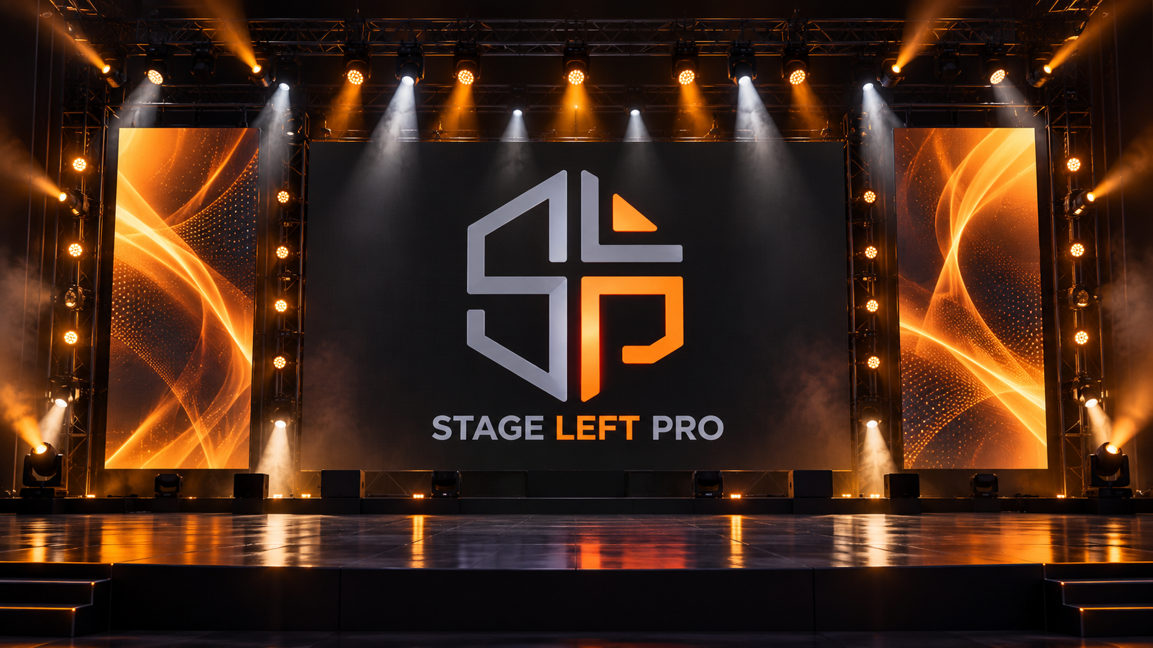 AI-generated stage concept featuring LED screens displaying the Stage Left Pro logo