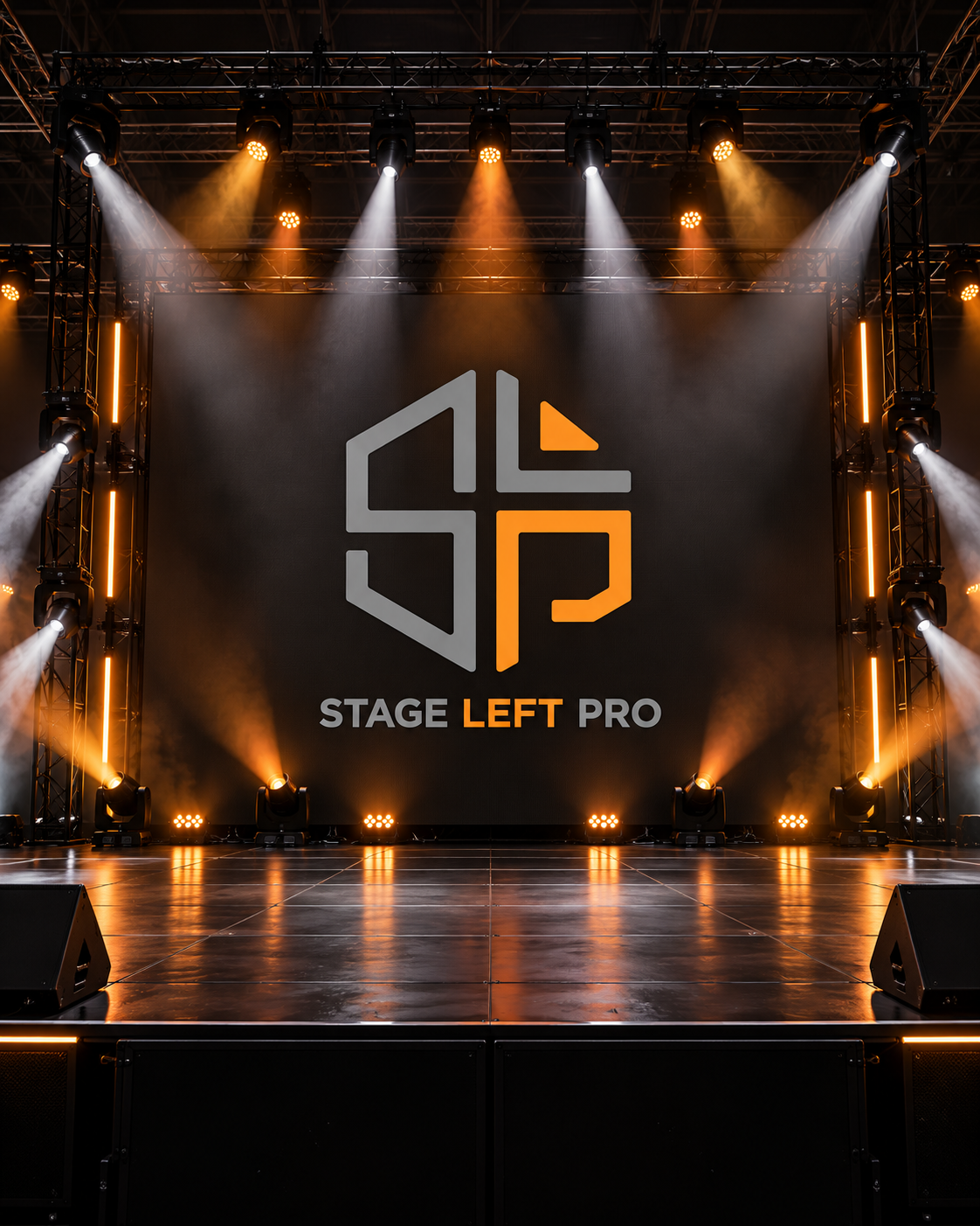 AI-generated stage concept with the Stage Left Pro logo and amber lighting